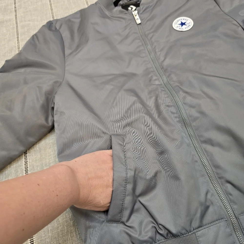 Converse Kids Bomber Jacket Coat Gray Logo and Lining Size Large 12-13 Yr